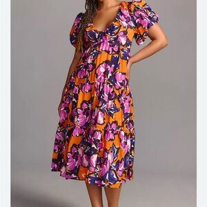 Anthropologie puff sleeve midi Vibrant Floral Women's Dress